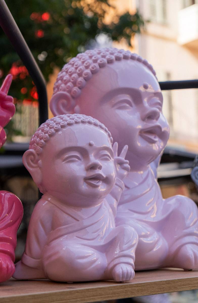 Sculpture d'Art Buddha Joyeux Rose Pâle
